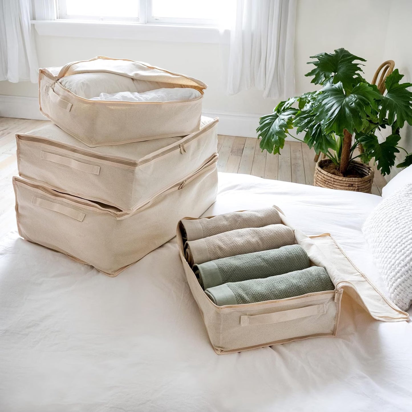 Cotton Storage Bags - 330gsm (10oz) Thick Off-White Natural Cotton Fabric Packing Cubes - 3 Pack - (Small X 1 + Medium X 1 + Large X 1)