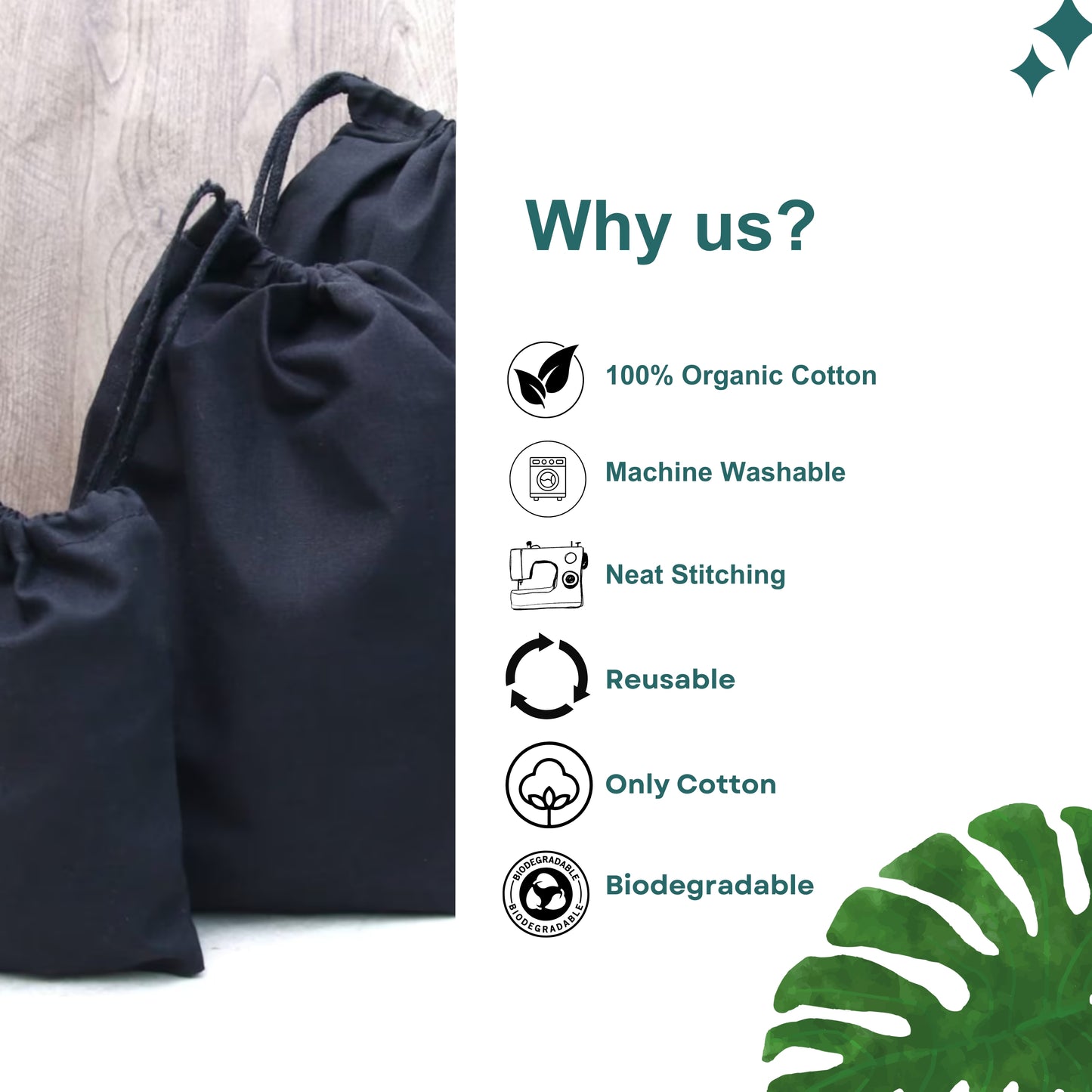 Black Cotton Single Drawstring Eco-friendly Reusable Cotton Muslin Bags